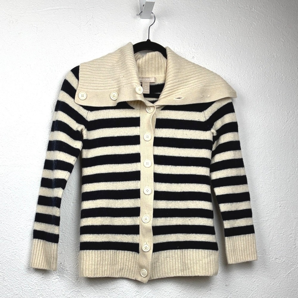 Banana Republic Navy Cream Striped Cardigan - PM - Merino Wool Preppy Nautical